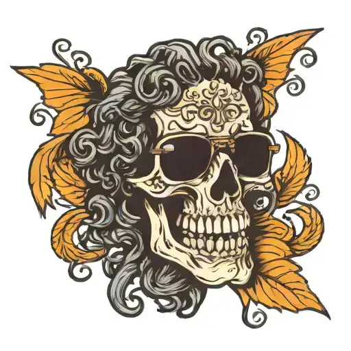 An evil smiling skull has curly hair and ray ban sunglasses staring at you and opens his mouth and frowned tattoo design idea