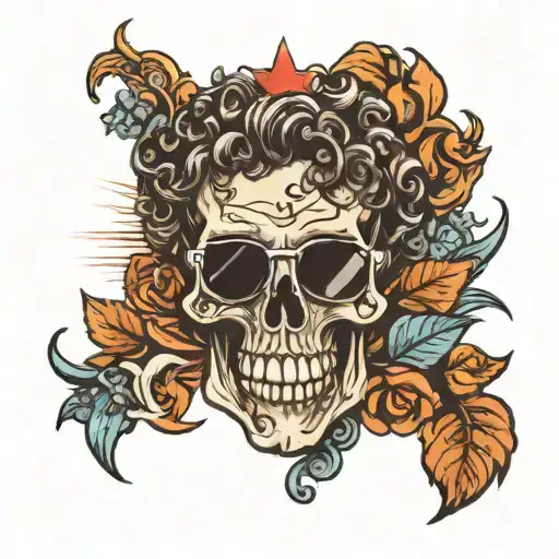 An evil smiling skull has curly hair and ray ban sunglasses staring at you tattoo design idea