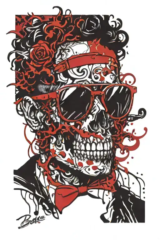 An evil skull with curly hair and ray ban sunglasses tattoo design idea