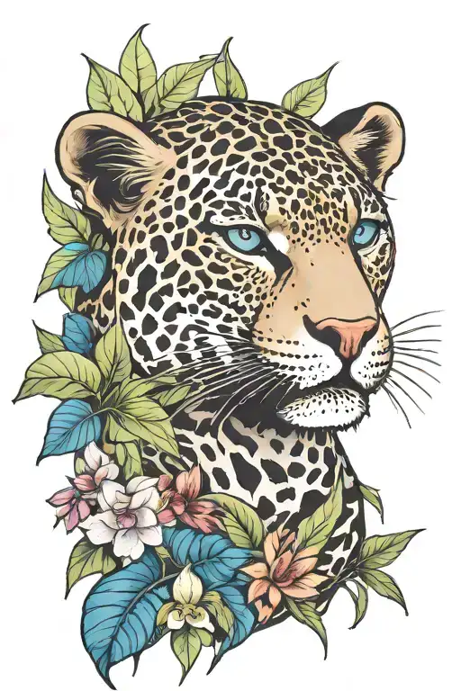 black jaguar blue eyes jungle background tattoo design idea
