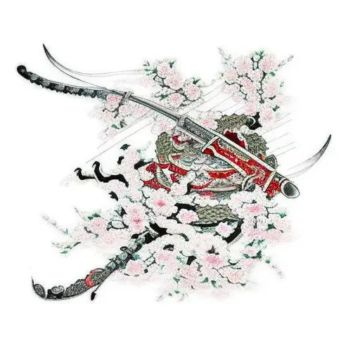 A cherry blossom katana with an intricate red thread of fate intertwined in the design tattoo design idea
