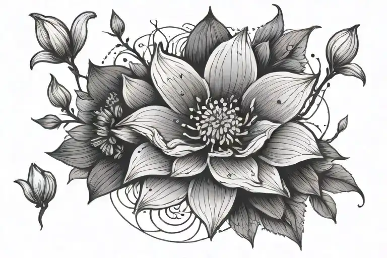 spiritual, snow drop flower, daffodils, cosmos flowers. a mandala, lotus flower, moon, sun dots, lines, protection tattoo design idea