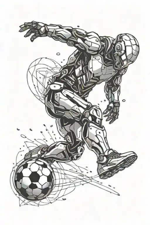 A futuristic robotic soccer player kicking a ball with precision and power tattoo design idea