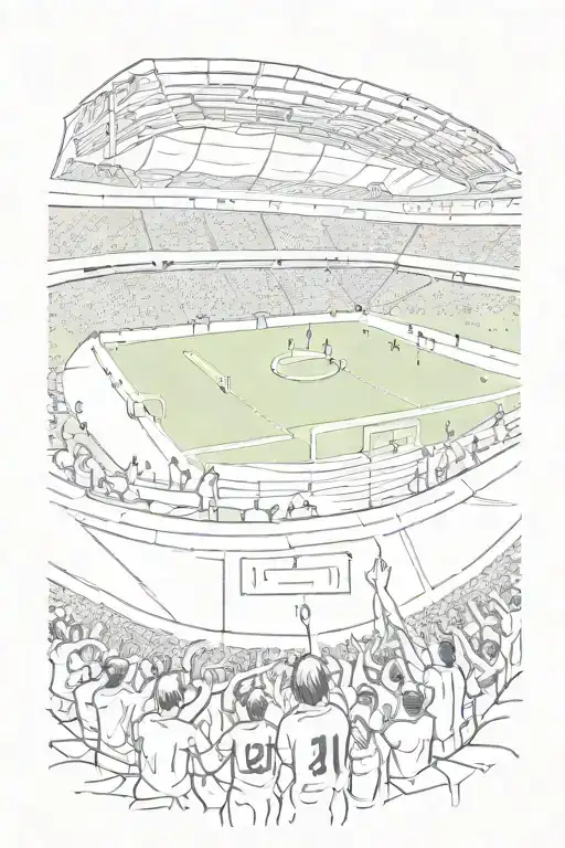 A dynamic sketch of a soccer stadium filled with cheering fans and players on the field tattoo design idea