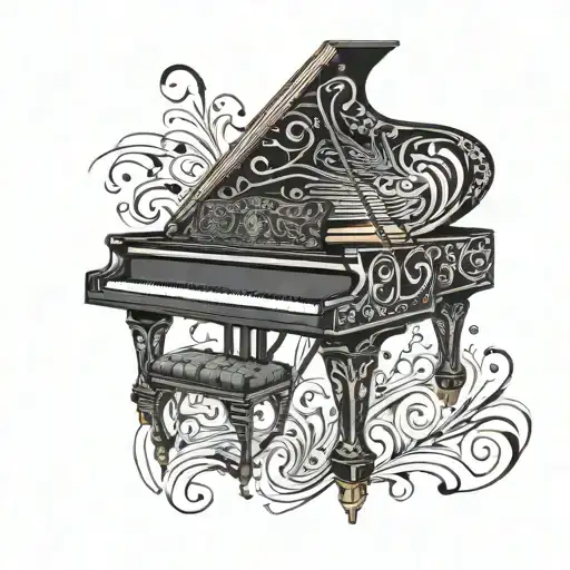 A grand piano with intricate musical notes flowing out of it tattoo design idea