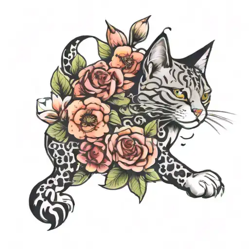 cool cat and flower surrounded tattoo design idea