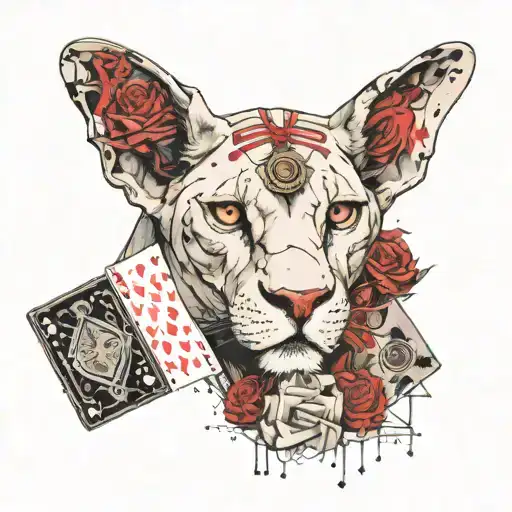 Sphinx with roses and playing cards in steampunk style tattoo design idea