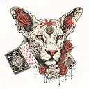 Sphinx with roses and playing cards in steampunk style tattoo design idea