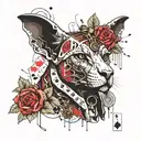 Sphinx with roses and playing cards in steampunk style tattoo design idea
