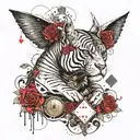 Sphinx with roses and playing cards in steampunk style tattoo design idea