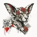 Sphinx with roses and playing cards in steampunk style tattoo design idea