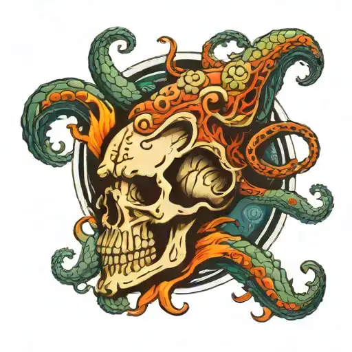 Kraken Around and inside of a Skull tattoo design idea
