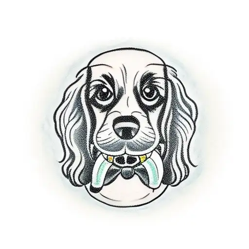 A traditional tattoo showcasing a Cocker Spaniel holding an M&M candy in its mouth tattoo design idea