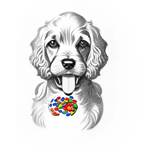 A traditional tattoo showcasing a Cocker Spaniel holding an M&M candy in its mouth tattoo design idea