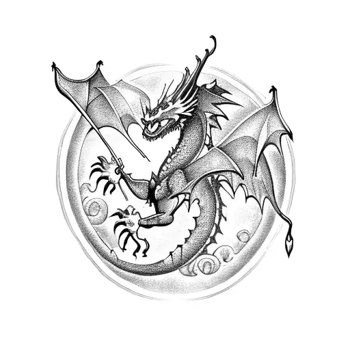 A majestic dragon flying over a medieval castle tattoo design idea