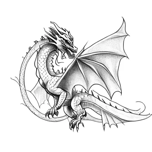 A majestic dragon flying over a medieval castle tattoo design idea