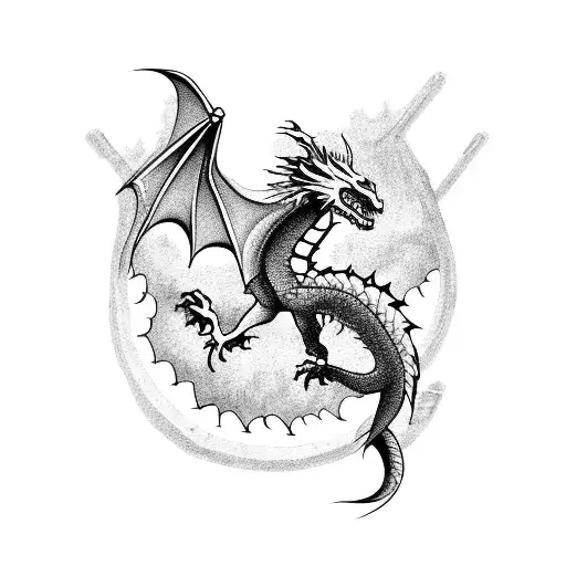 A majestic dragon flying over a medieval castle tattoo design idea