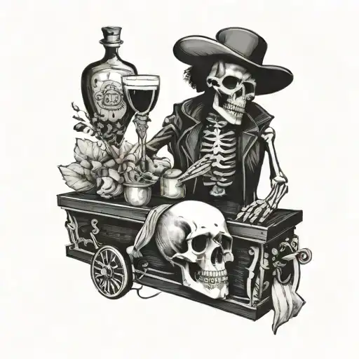 memento mori with skeleton sitting on side of a coffin with a drink in hand  tattoo design idea