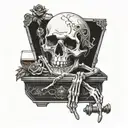 memento mori with skeleton sitting on side of a coffin with a drink in hand  tattoo design idea