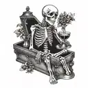 memento mori with skeleton sitting on side of a coffin with a drink in hand  tattoo design idea