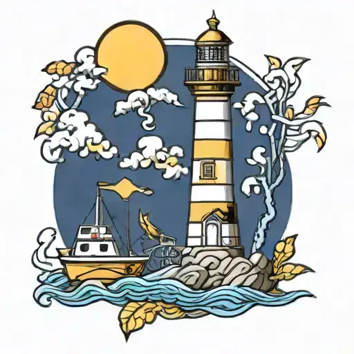 lighthouse in yellow and navy, and yellow canaries  tattoo design idea