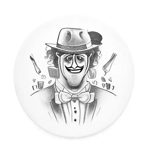 A waiter holding a tray with tragedy and comedy masks as DJ turntables tattoo design idea