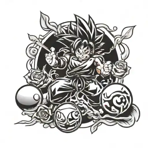 mario in super saiyan like goku, blooming roses, zelda, dbz crystal balls, all in black tattoo design idea