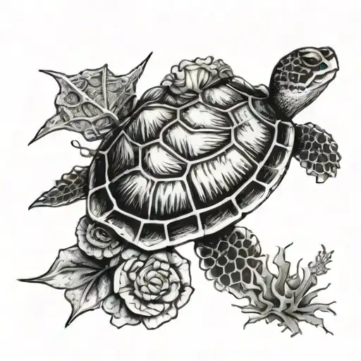 A turle with decorated sea shells and seaweed on ankle  tattoo design idea