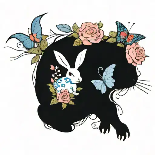 White bunny with a blue butterfly (like butterfly effect), and with some roses with spines tattoo design idea