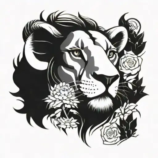 lion head with two Rams underneath overtop of aster flowers in a sleeve tattoo left bicep to shoulder tattoo design idea