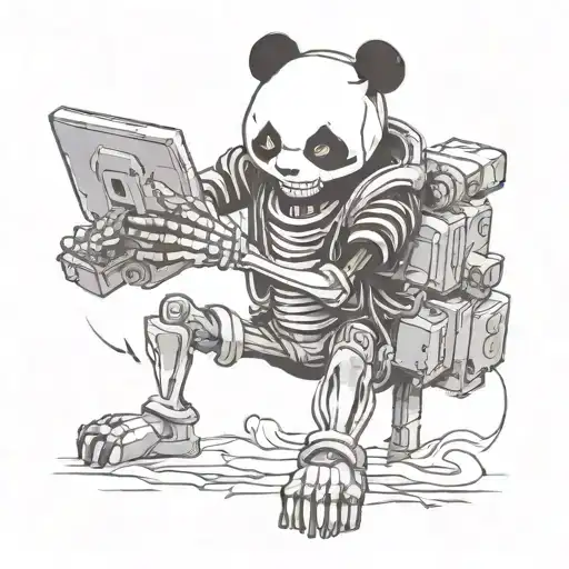 A skeleton gamer with a panda companion in a futuristic gaming world tattoo design idea