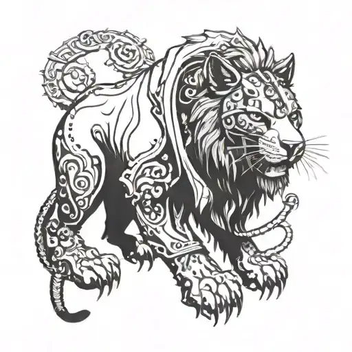 A black saber-toothed cat wearing a lion's head as a hoodie. The design should mix Viking/shamanic vibes with steampunk  tattoo design idea