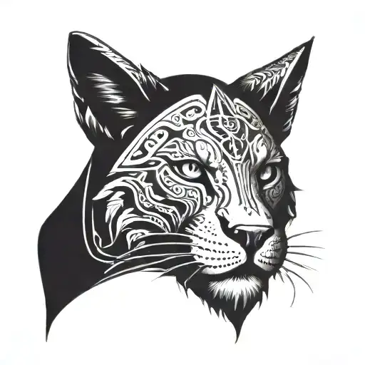 A black saber-toothed cat wearing a lion's head as a hoodie. The design should mix Viking/shamanic vibes with steampunk  tattoo design idea