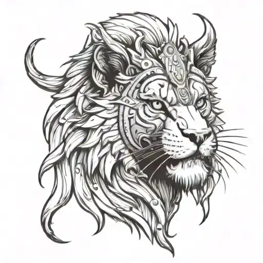 Black saber tooth pussycat wearing a lion's head as a hoodie. I have seen similar things with Vikings and shamans wearin tattoo design idea