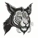 A black saber-toothed cat wearing a lion's head as a hoodie. The design should mix Viking/shamanic vibes with steampunk  tattoo design idea