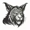 A black saber-toothed cat wearing a lion's head as a hoodie. The design should mix Viking/shamanic vibes with steampunk  tattoo design idea