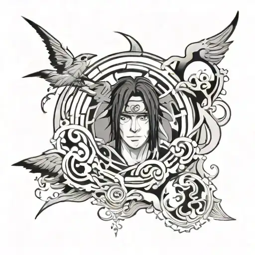 Design a black and grey tattoo of Itachi with a hidden Mangekyo pattern within the shading tattoo design idea