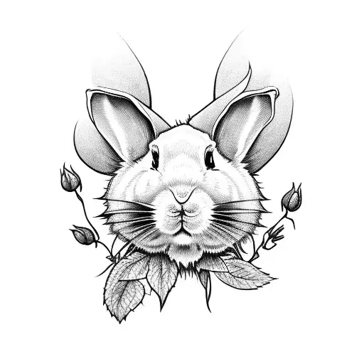 A white rabbit holding a black rose with stem  tattoo design idea