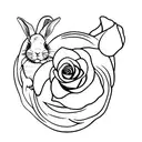A simple full length white rabbit holding a black rose with stem  tattoo design idea