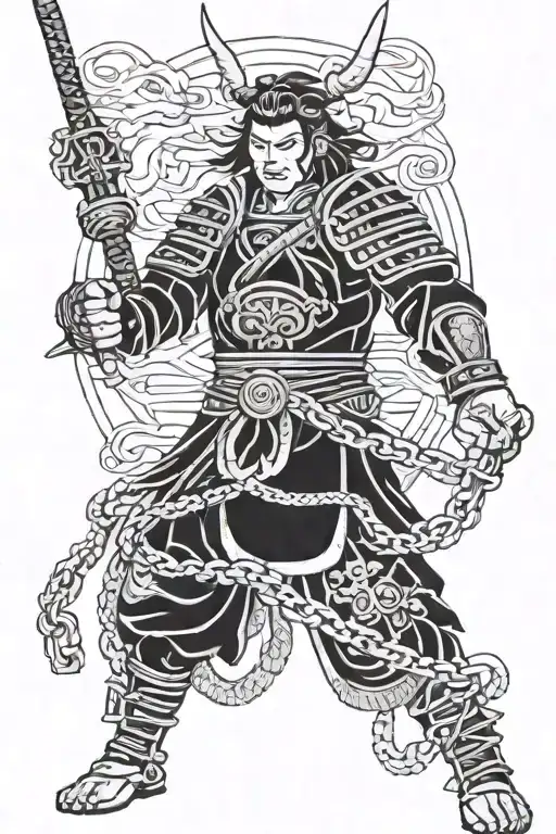Samurai warrior holding the chains of three devil dogs tattoo design idea