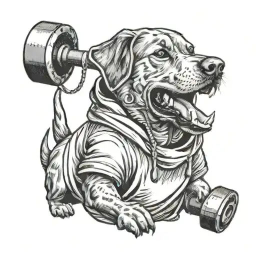 A dog carrying a dumbell in his mouth, in a vintage hoodie  tattoo design idea