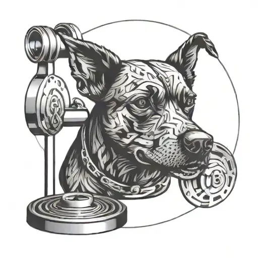 A silhouette of a dog with a weight plate in its mouth, surrounded by film reel borders tattoo design idea