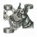 A silhouette of a dog with a weight plate in its mouth, surrounded by film reel borders tattoo design idea