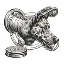 A silhouette of a dog with a weight plate in its mouth, surrounded by film reel borders tattoo design idea