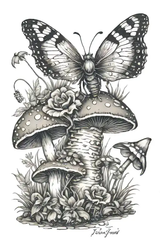 wilf glowers growing all rhe way up leg, mushrooms on bottom fairy on mushroom frog bees and snail tattoo design idea