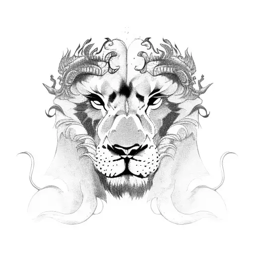 a lion leading an otter, a panda, a Chinese dragon, a goat, and a falcon tattoo design idea