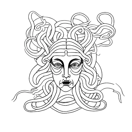 A minimalist tattoo of Medusa's face with snakes for hair an illuminated eye, capturing her fierce and mysterious nature tattoo design idea