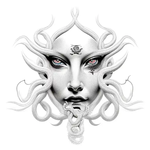 tattoo of Medusa's face with snakes for hair an illuminated eye, capturing her fierce and mysterious nature tattoo design idea