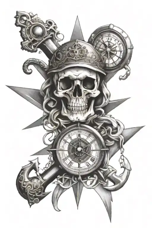 skull compass clock broken hour glass eye anchor intertwined tattoo design idea