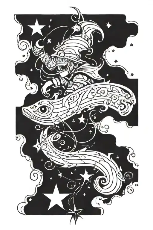 Stars, secrets, running time, mask, lines, trickster, calligraphy tattoo design idea